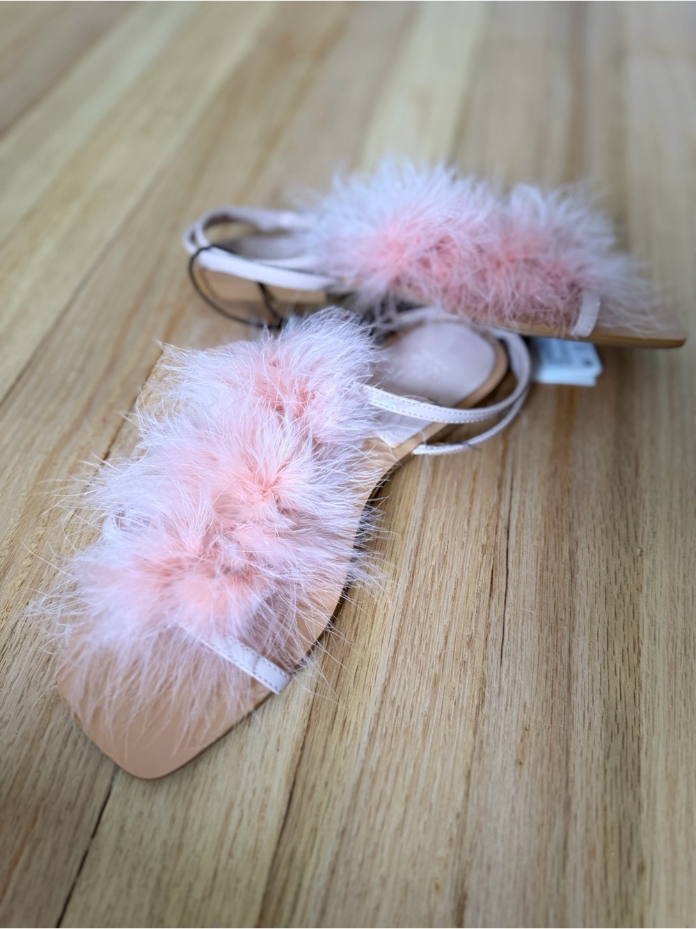 Blush Pink Feather-Trim Slide Sandals